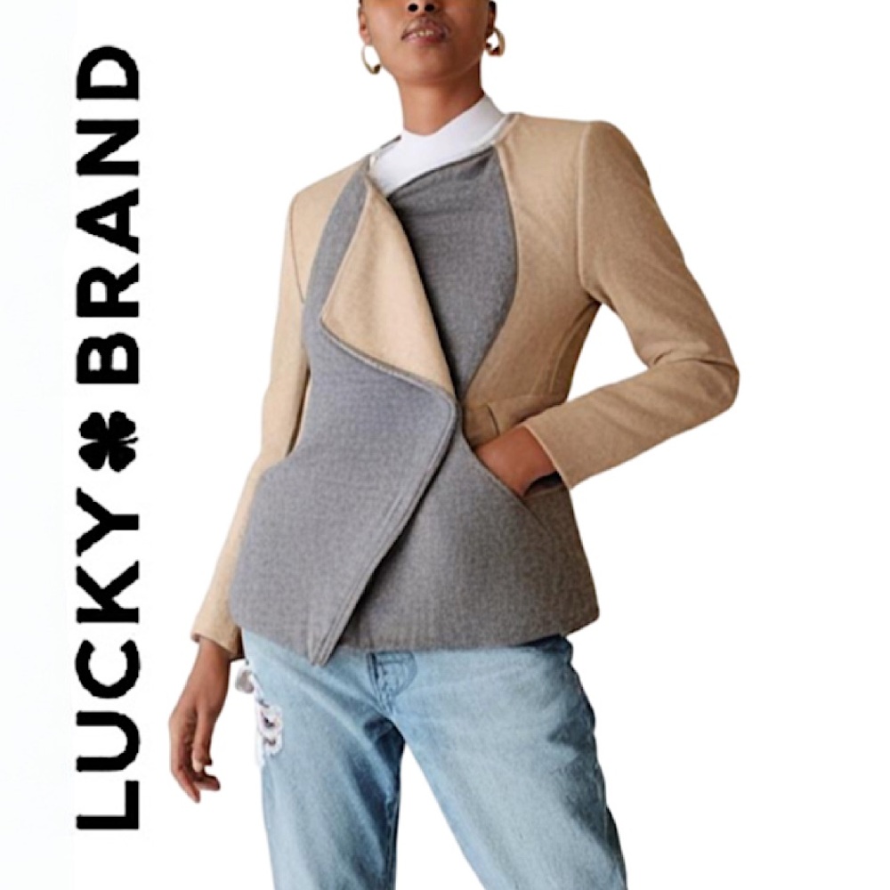 Lucky Brand. NWT. Gorgeous asymmetrical wool blend jacket.Grey & Beige.XS